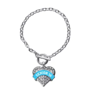 Silver Blue Senior 2016 Pave Heart Charm Toggle Bracelet