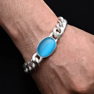 Silver Center Blue Stone Chain Design Bracelet for Men