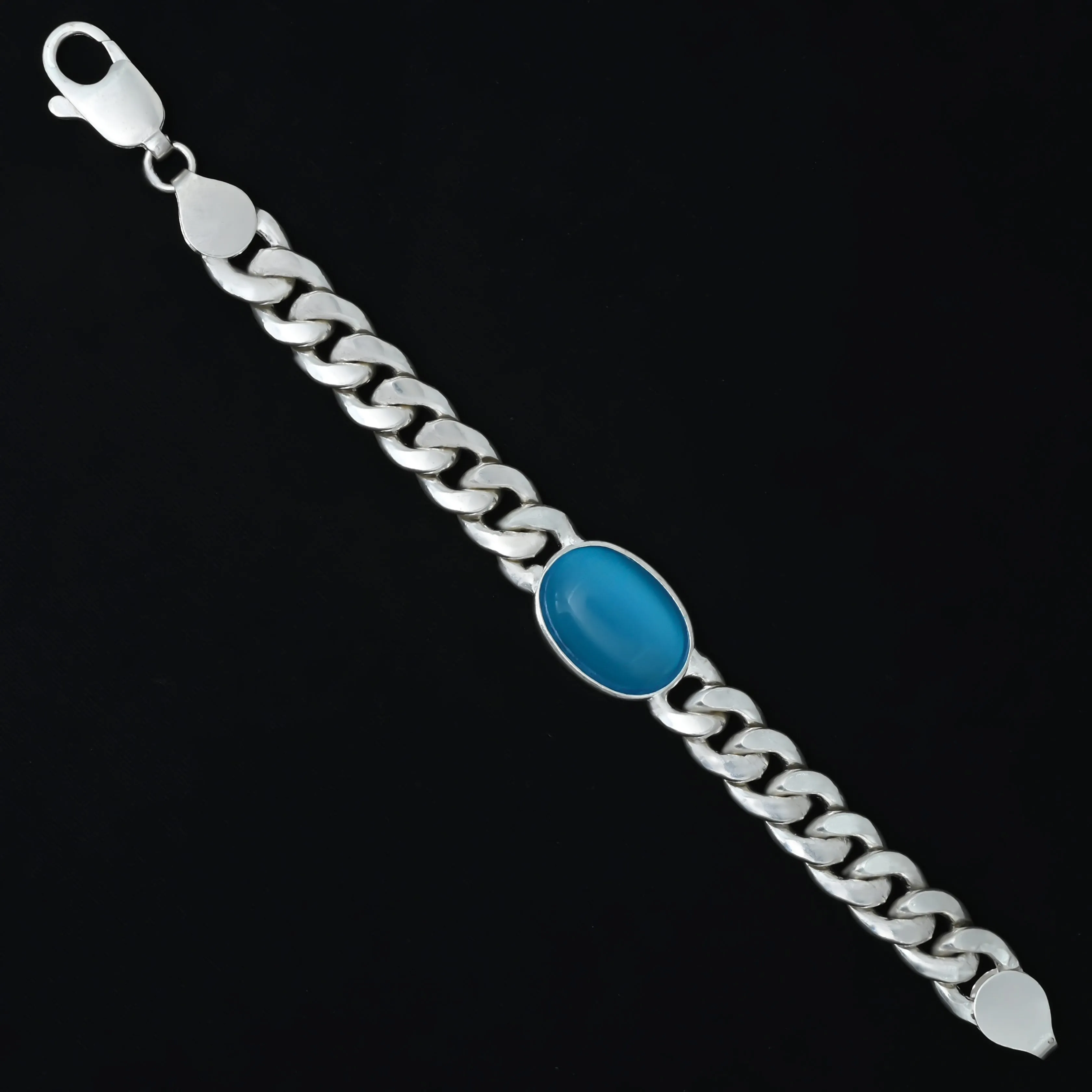 Silver Center Blue Stone Chain Design Bracelet for Men