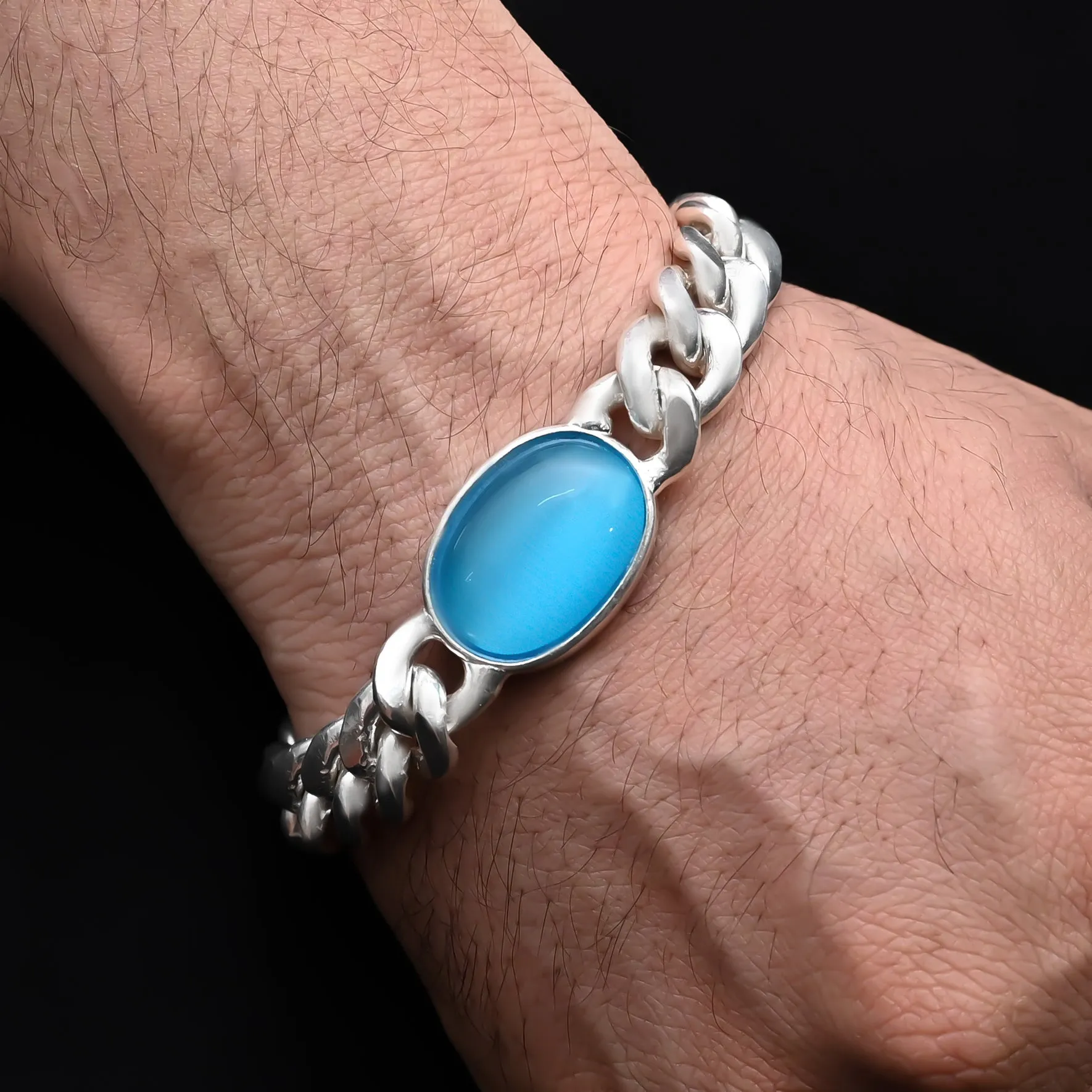 Silver Center Blue Stone Chain Design Bracelet for Men