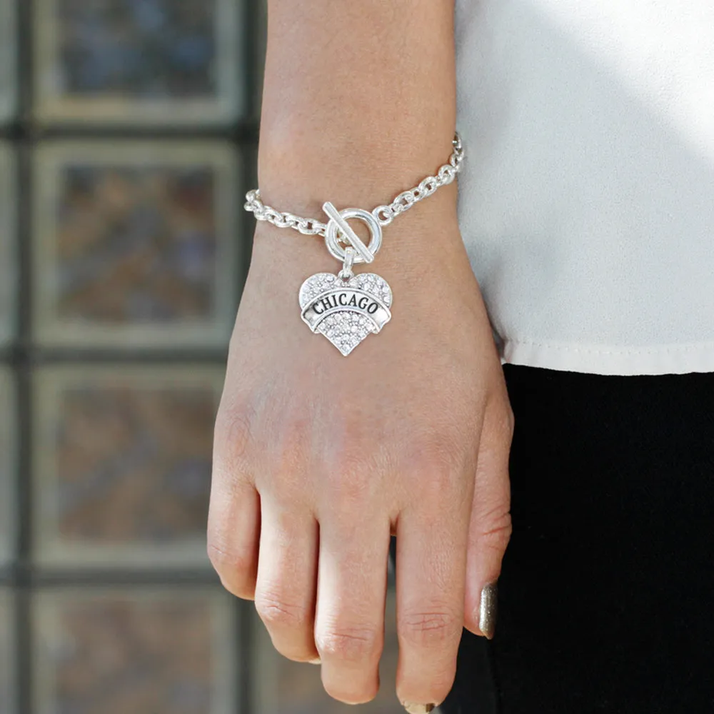 Silver Chicago Pave Heart Charm Toggle Bracelet