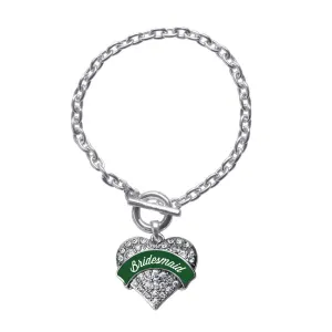 Silver Forest Green Bridesmaid Pave Heart Charm Toggle Bracelet