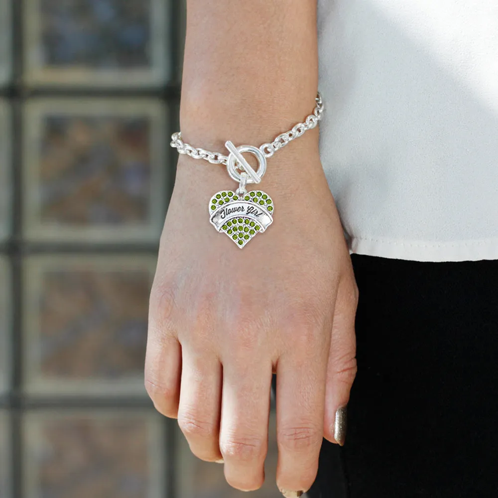 Silver Green Flower Girl Green Pave Heart Charm Toggle Bracelet