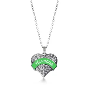 Silver Hermana - Emerald Green Pave Heart Charm Classic Necklace