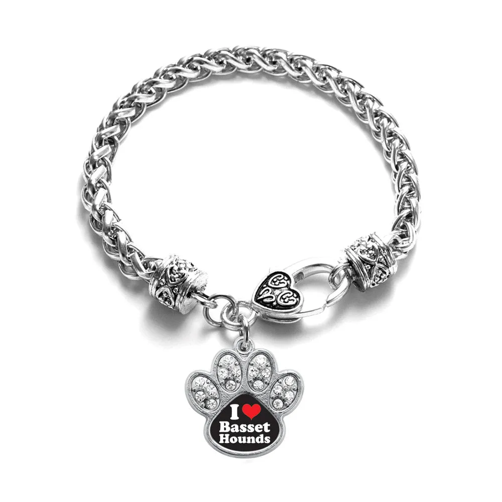 Silver I Love Basset Hounds Pave Paw Charm Braided Bracelet