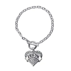 Silver Jesus Pave Heart Charm Toggle Bracelet