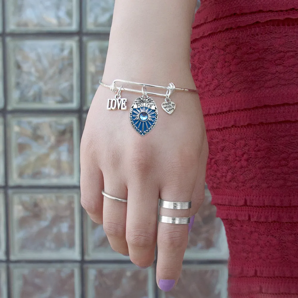 Silver Love Blue Police Badge Charm Wire Bangle Bracelet