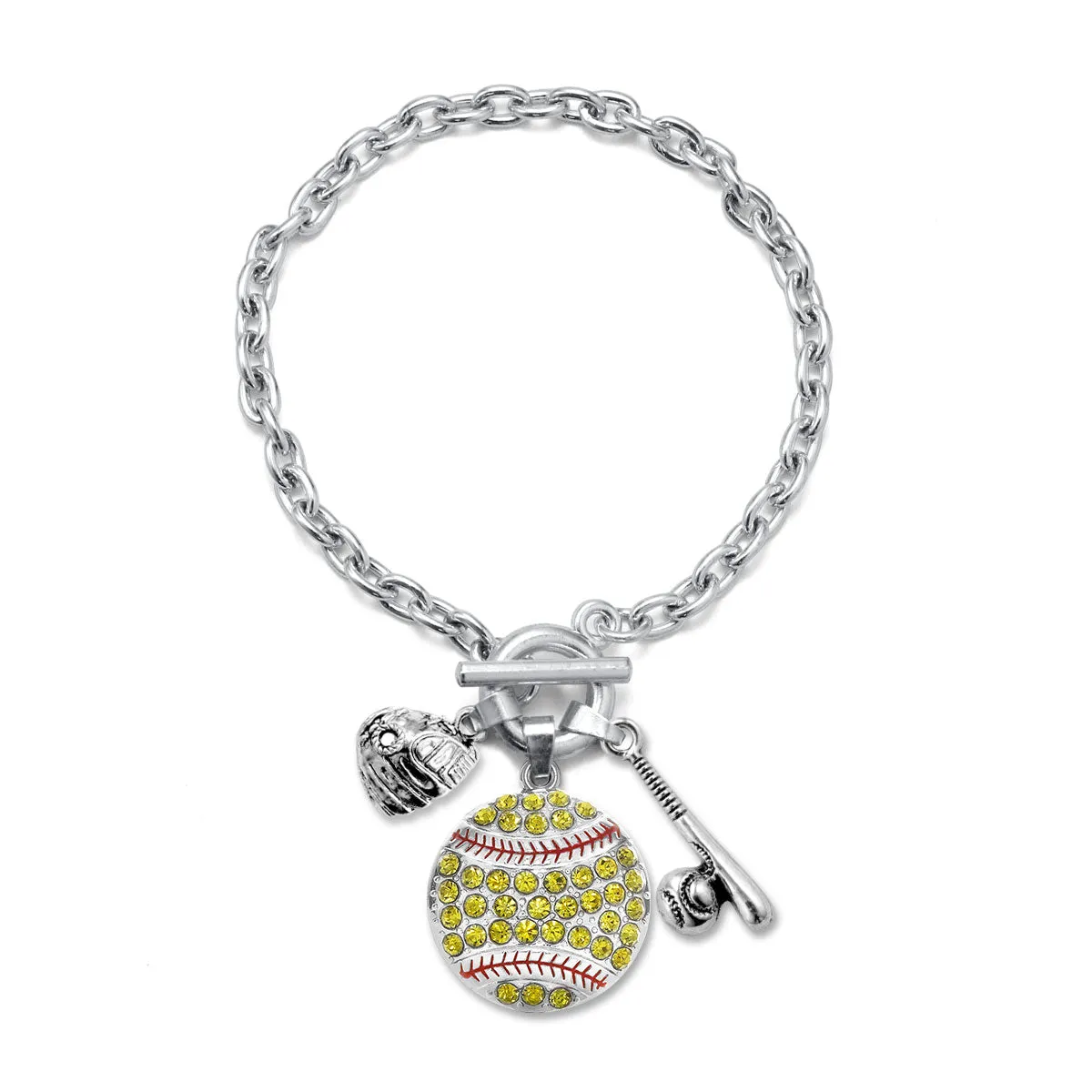 Silver Love Softball Bat and Glove Charm Toggle Bracelet