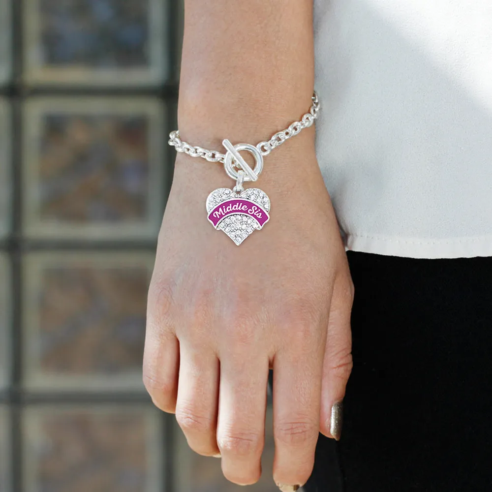 Silver Magenta Middle Sister Pave Heart Charm Toggle Bracelet