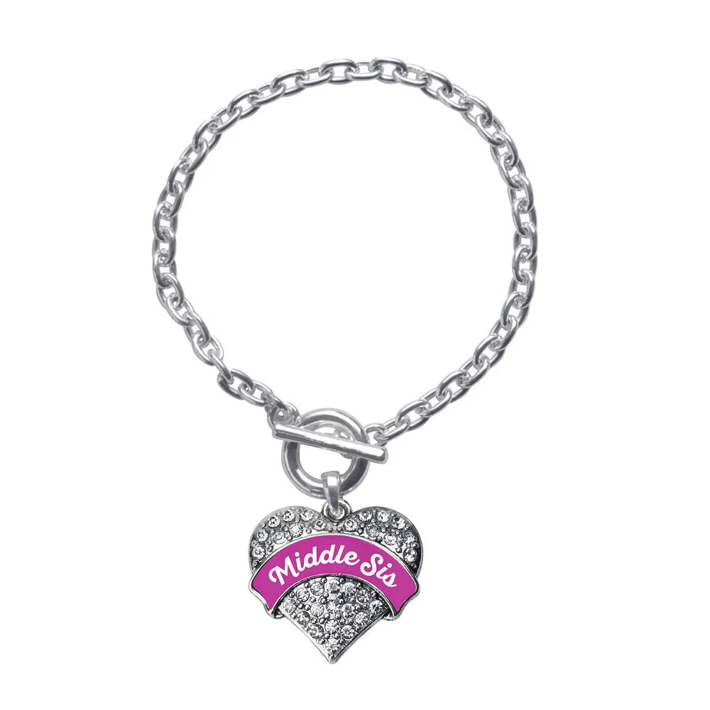 Silver Magenta Middle Sister Pave Heart Charm Toggle Bracelet