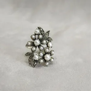 Silver Marcasite Freshwater Pearl Floral Ring