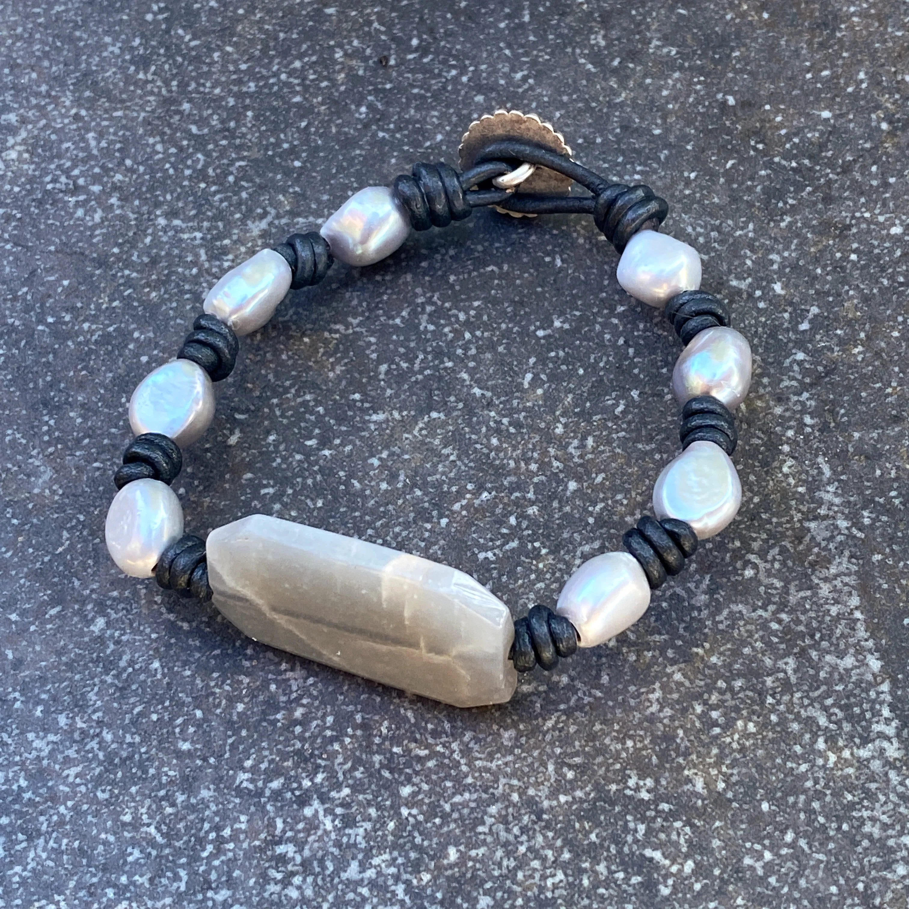 Silver moonstone and genuine freshwater Pearl hand knotted leather bracelet