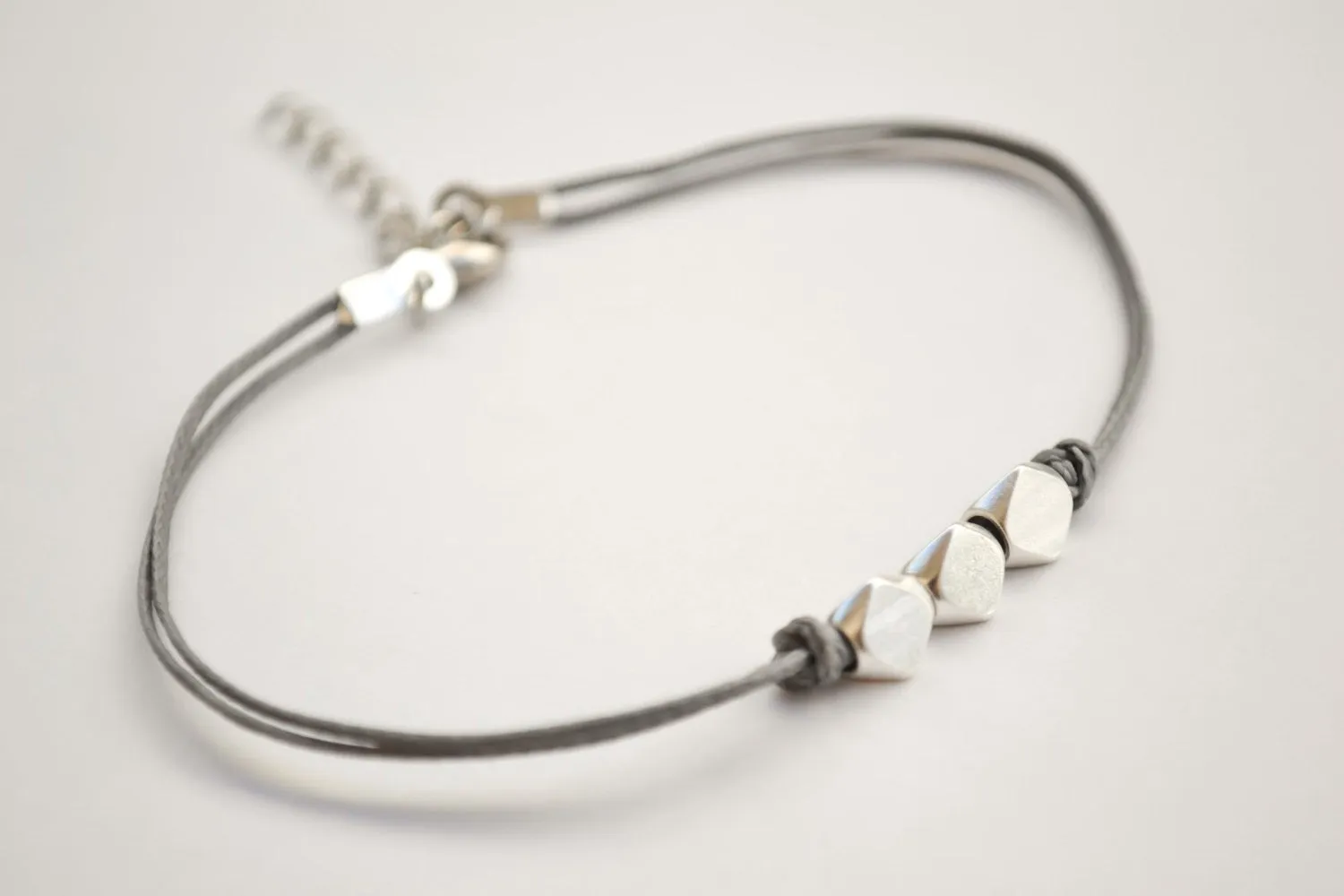 Silver nuggets bracelet, gray cord, handmade gift for her