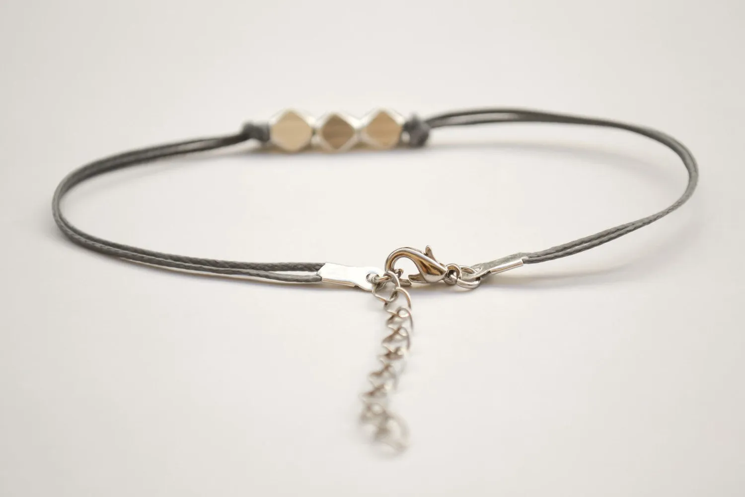 Silver nuggets bracelet, gray cord, handmade gift for her