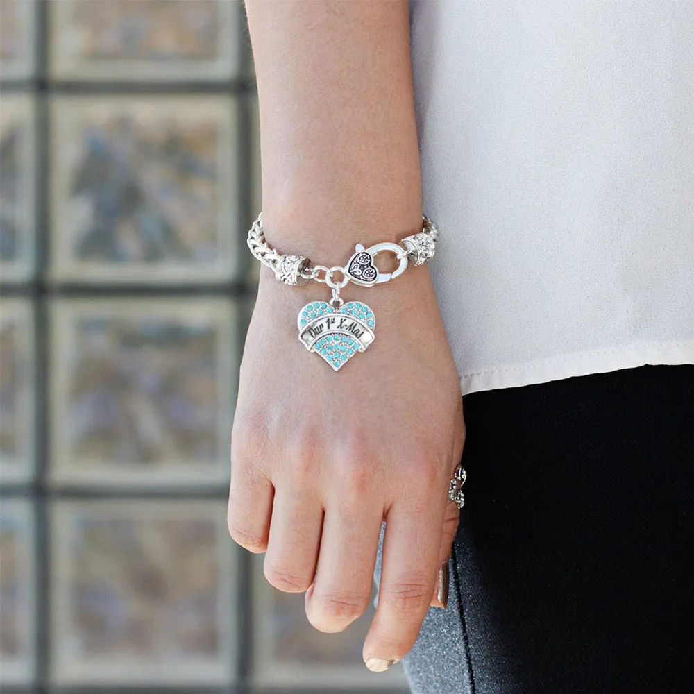 Silver Our 1st X-Mas Aqua Aqua Pave Heart Charm Braided Bracelet