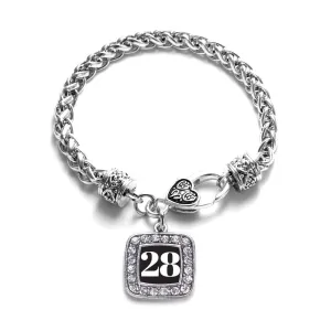 Silver Sport Number 28 Square Charm Braided Bracelet