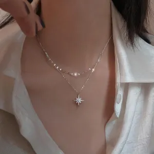 Silver Star Moon Double Necklace Women Clavicle Chain