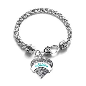 Silver Teal Bride Pave Heart Charm Braided Bracelet