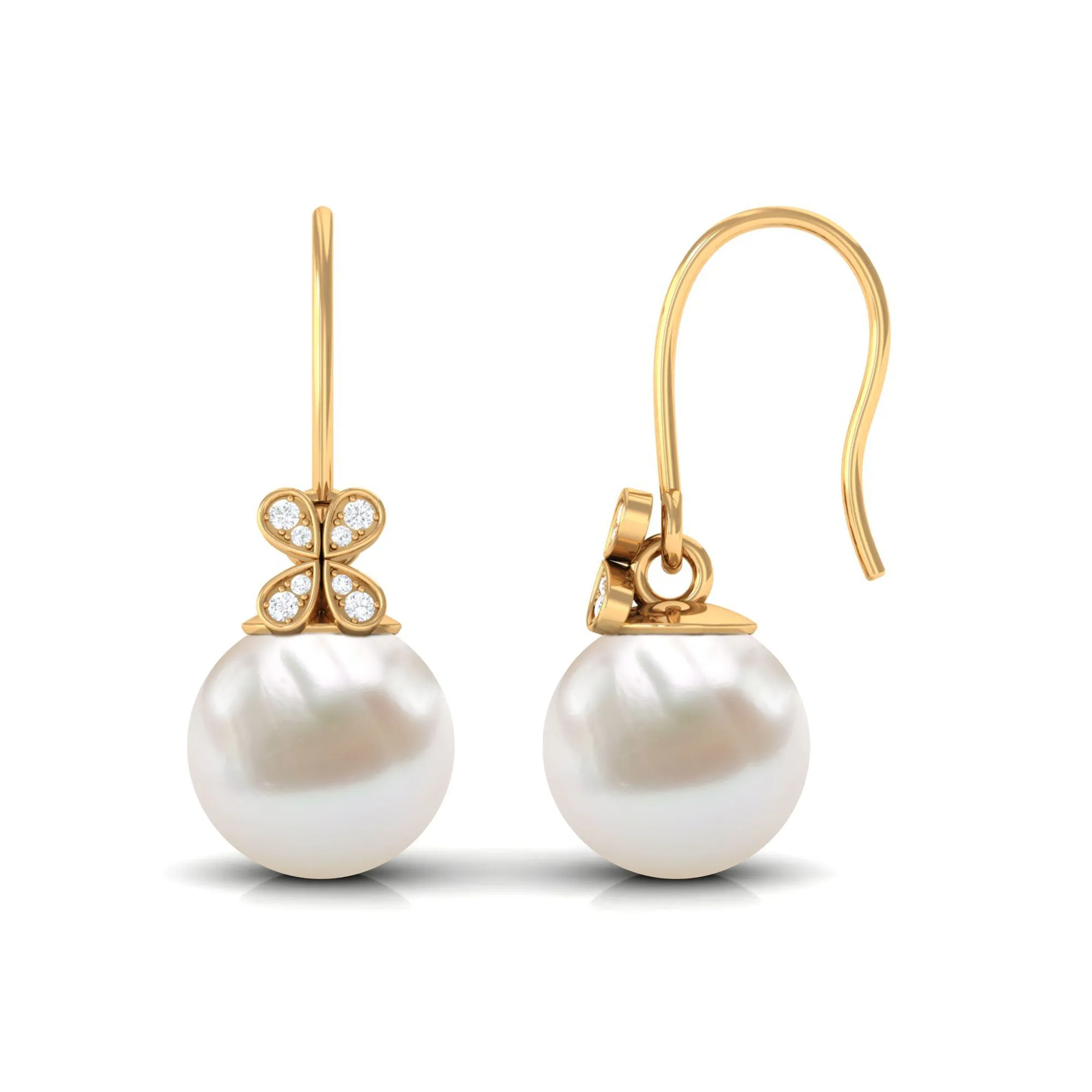 Simple Freshwater Pearl and Diamond Flower Drop Earrings with Fish Hook