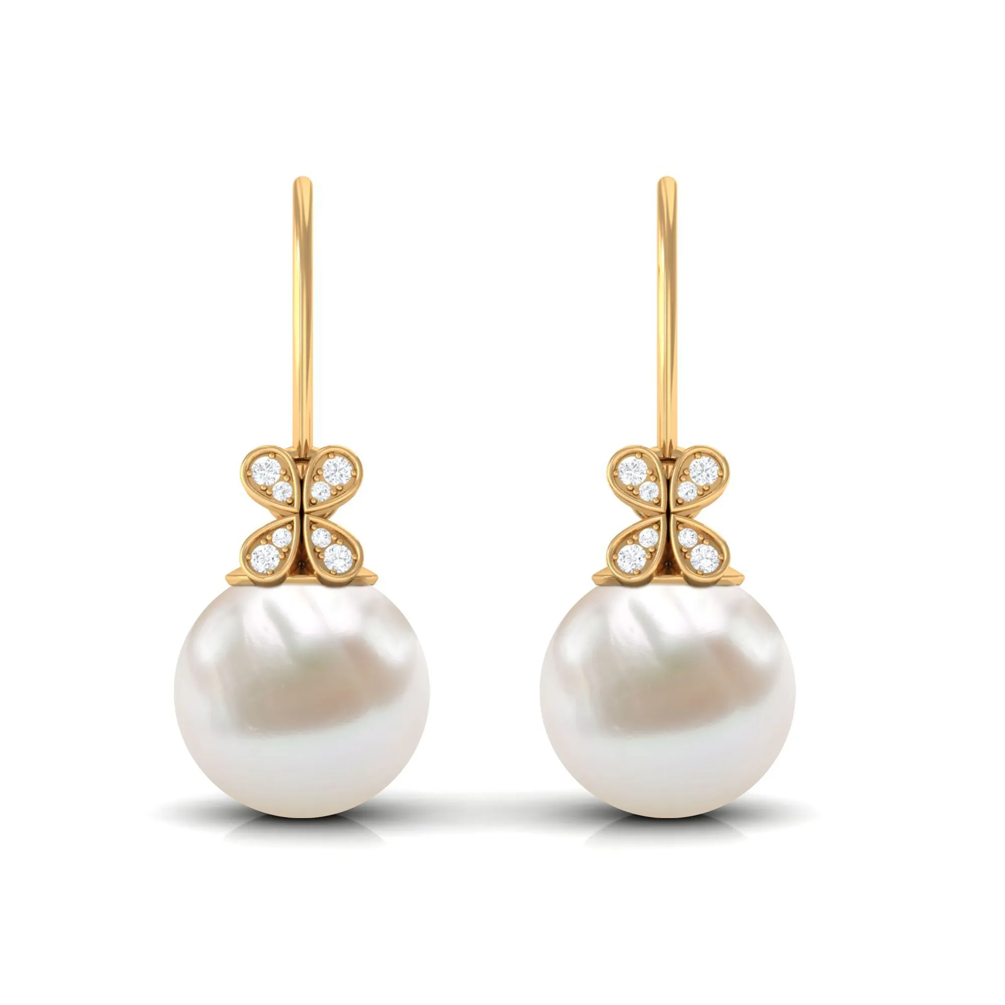 Simple Freshwater Pearl and Diamond Flower Drop Earrings with Fish Hook