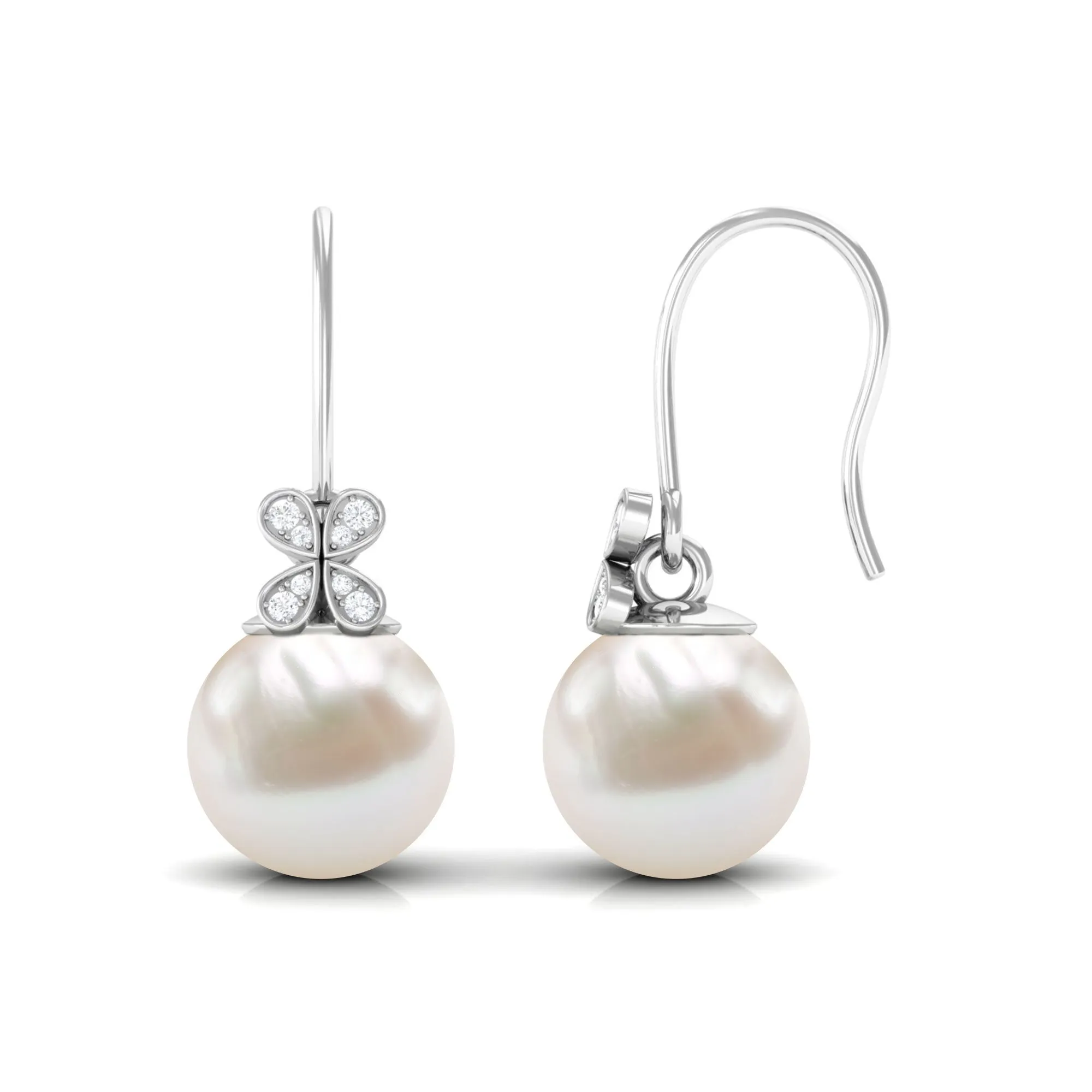 Simple Freshwater Pearl and Diamond Flower Drop Earrings with Fish Hook