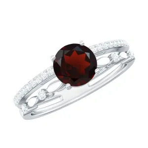 Solitaire Garnet Engagement Double Band Ring with Diamond