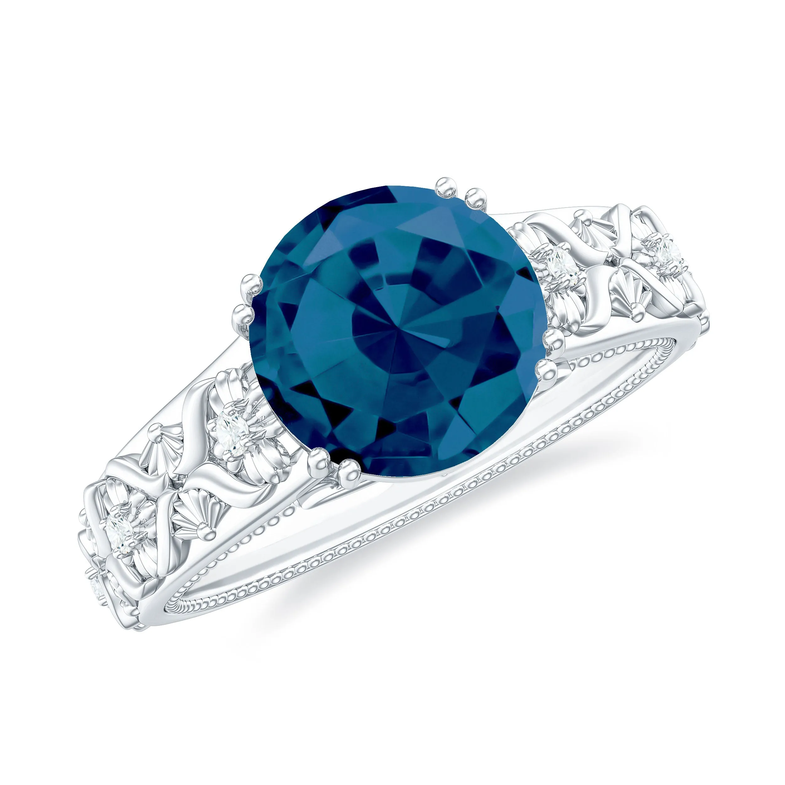 Solitaire London Blue Topaz Flower Engagement Ring with Diamond