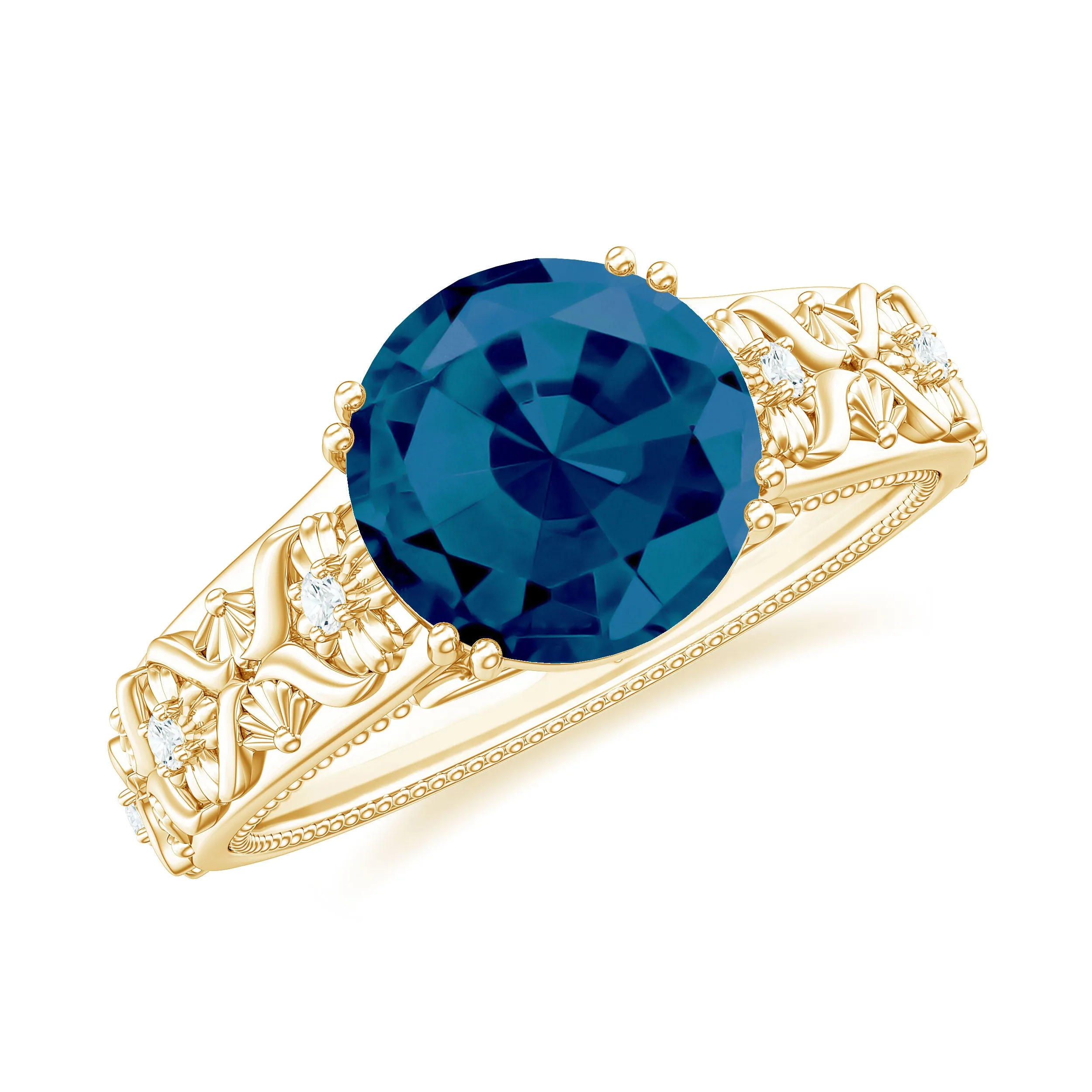 Solitaire London Blue Topaz Flower Engagement Ring with Diamond