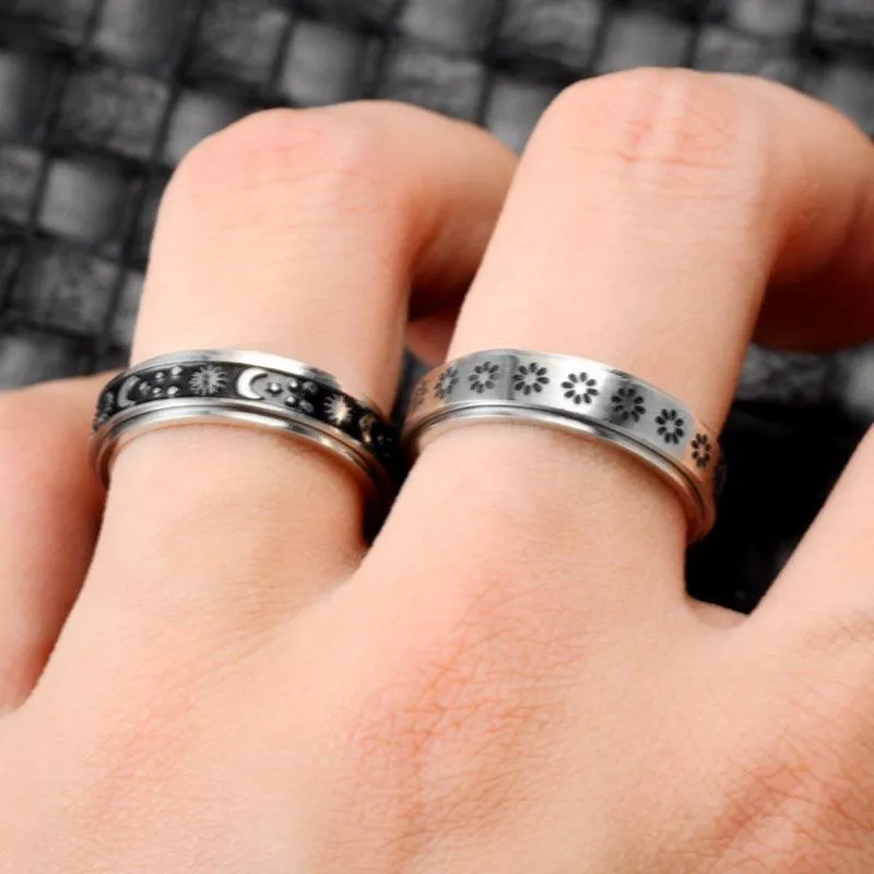 Stainless Steel Celestial Spinner Ring: Moon and Stars Design for Anxiety Relief