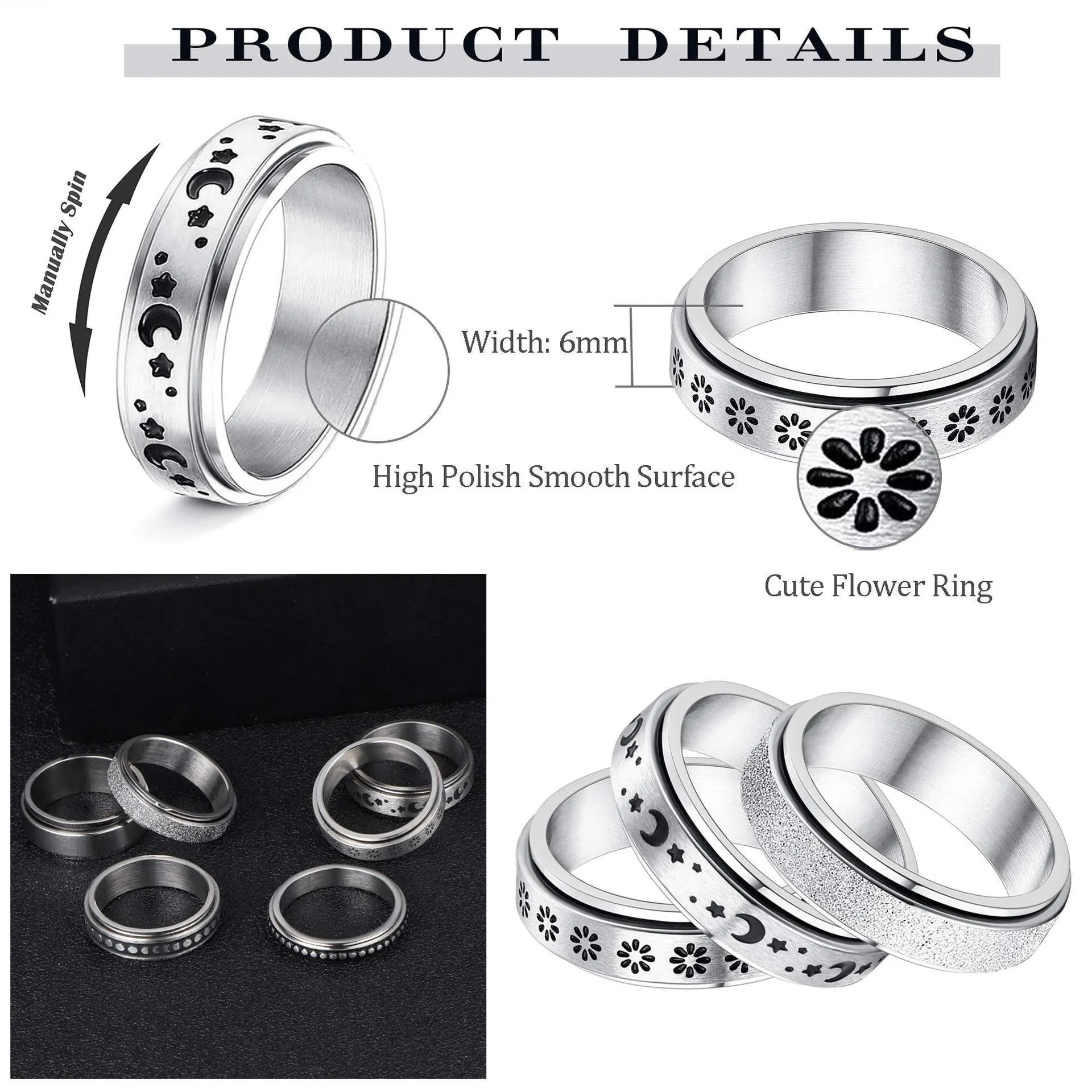 Stainless Steel Celestial Spinner Ring: Moon and Stars Design for Anxiety Relief