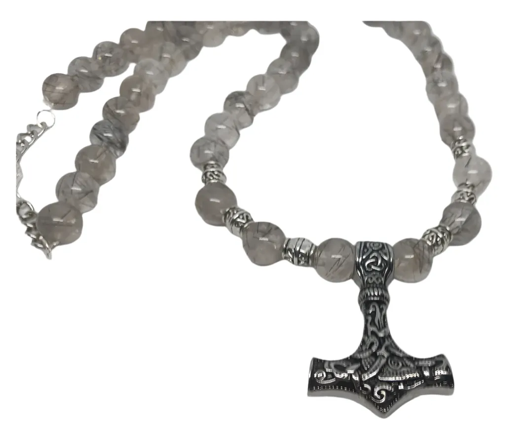 Stainless Steel Mjölnir Necklace with Black Rutile Quartz Crystal