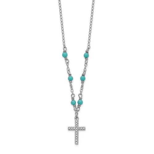 Sterling Silver CZ And Synthetic Turquoise Cross Pendant Necklace