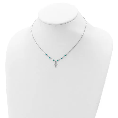 Sterling Silver CZ And Synthetic Turquoise Cross Pendant Necklace