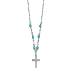 Sterling Silver CZ And Synthetic Turquoise Cross Pendant Necklace