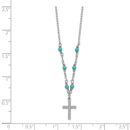 Sterling Silver CZ And Synthetic Turquoise Cross Pendant Necklace