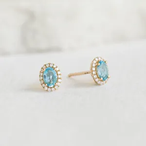 Swiss Blue Topaz Halo Stud Earrings 14k Gold - Marzia