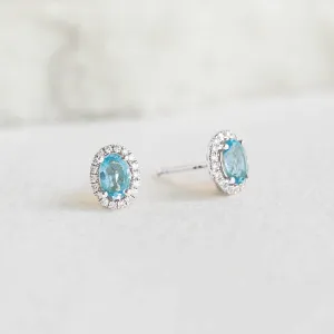 Swiss Blue Topaz Halo Stud Earrings White Gold - Marzia