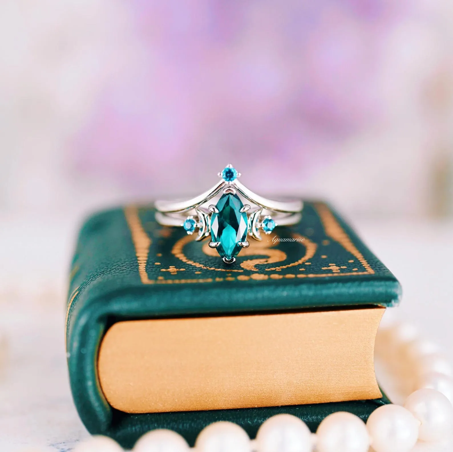 Teal Sapphire Moon Ring Set- Sterling Silver