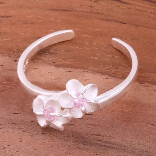 Two 4mm Plumeria with Pink CZ Toe Ring