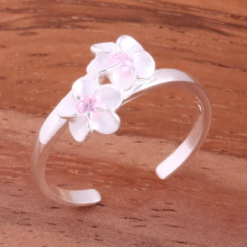 Two 4mm Plumeria with Pink CZ Toe Ring