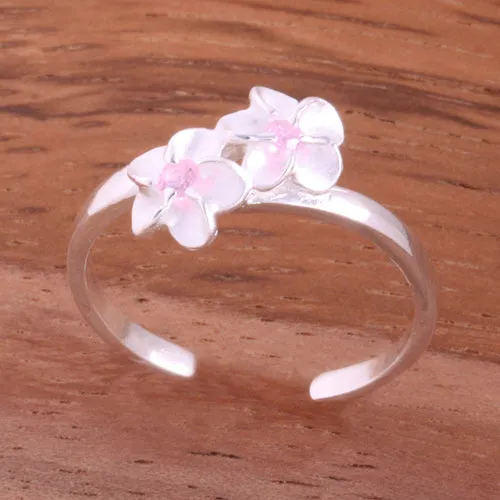 Two 4mm Plumeria with Pink CZ Toe Ring