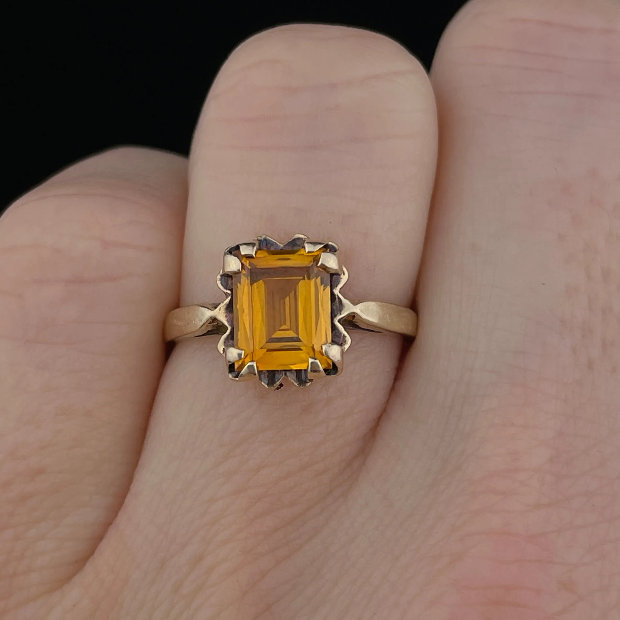 Vintage 10K Gold Emerald Cut Citrine Solitaire Ring, Sz 5 3/4