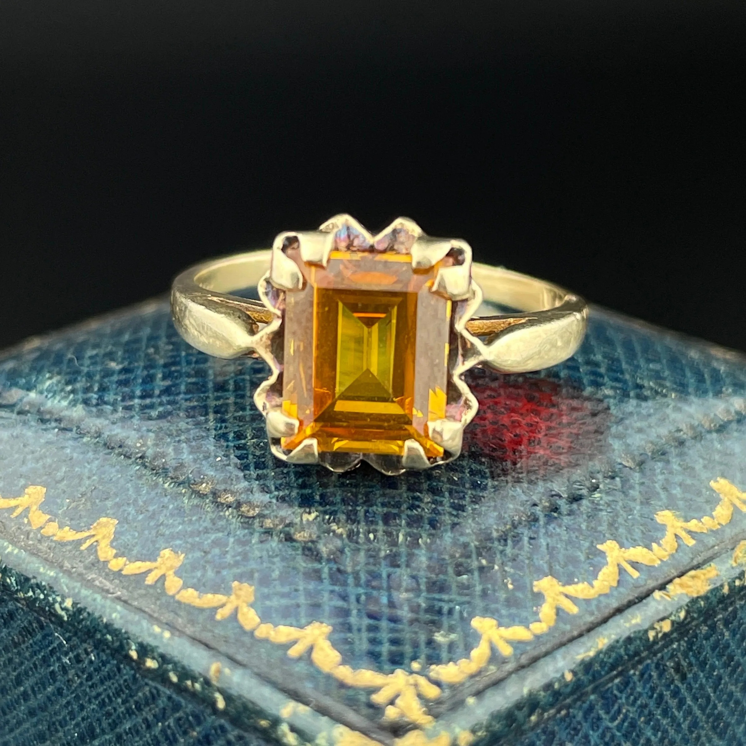 Vintage 10K Gold Emerald Cut Citrine Solitaire Ring, Sz 5 3/4