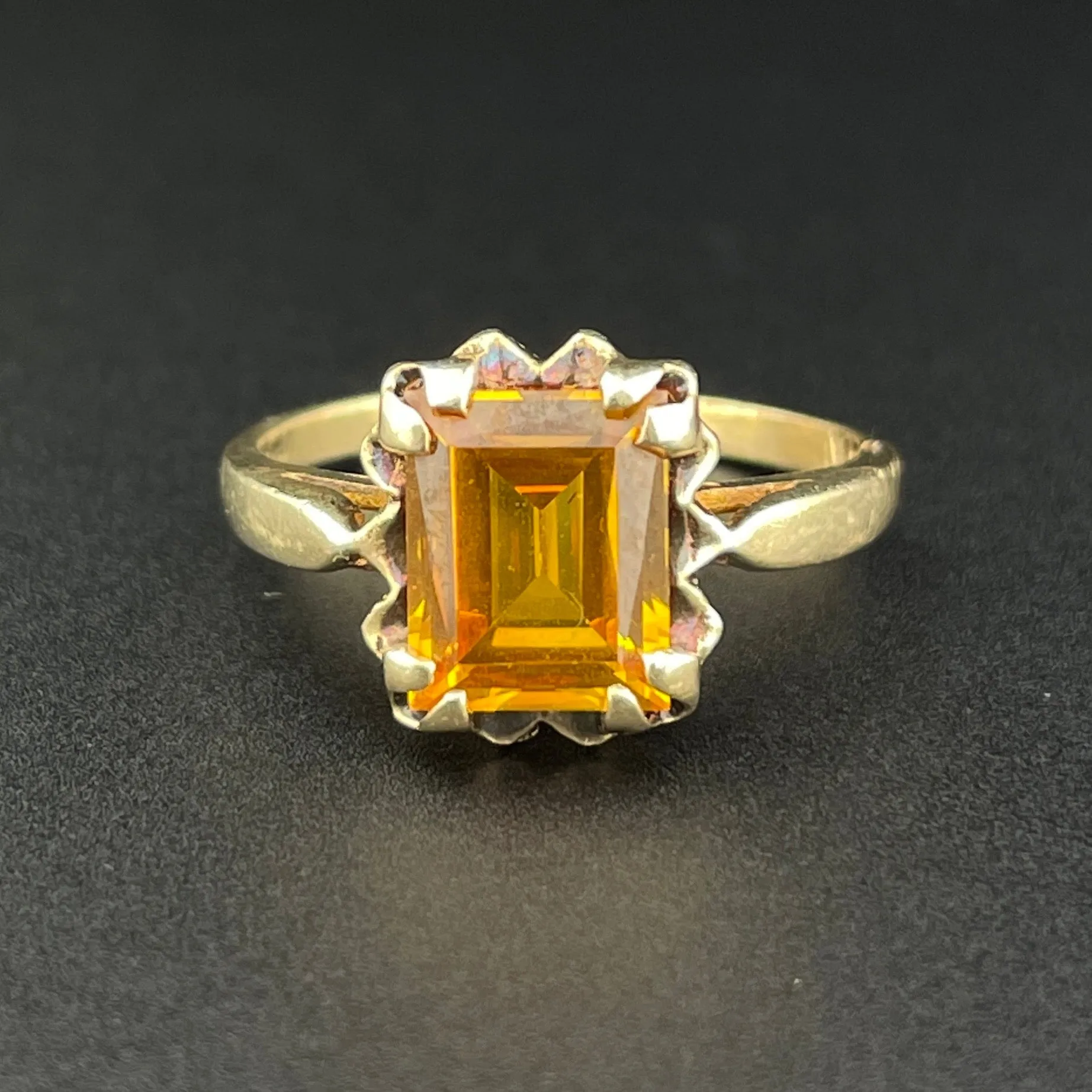 Vintage 10K Gold Emerald Cut Citrine Solitaire Ring, Sz 5 3/4