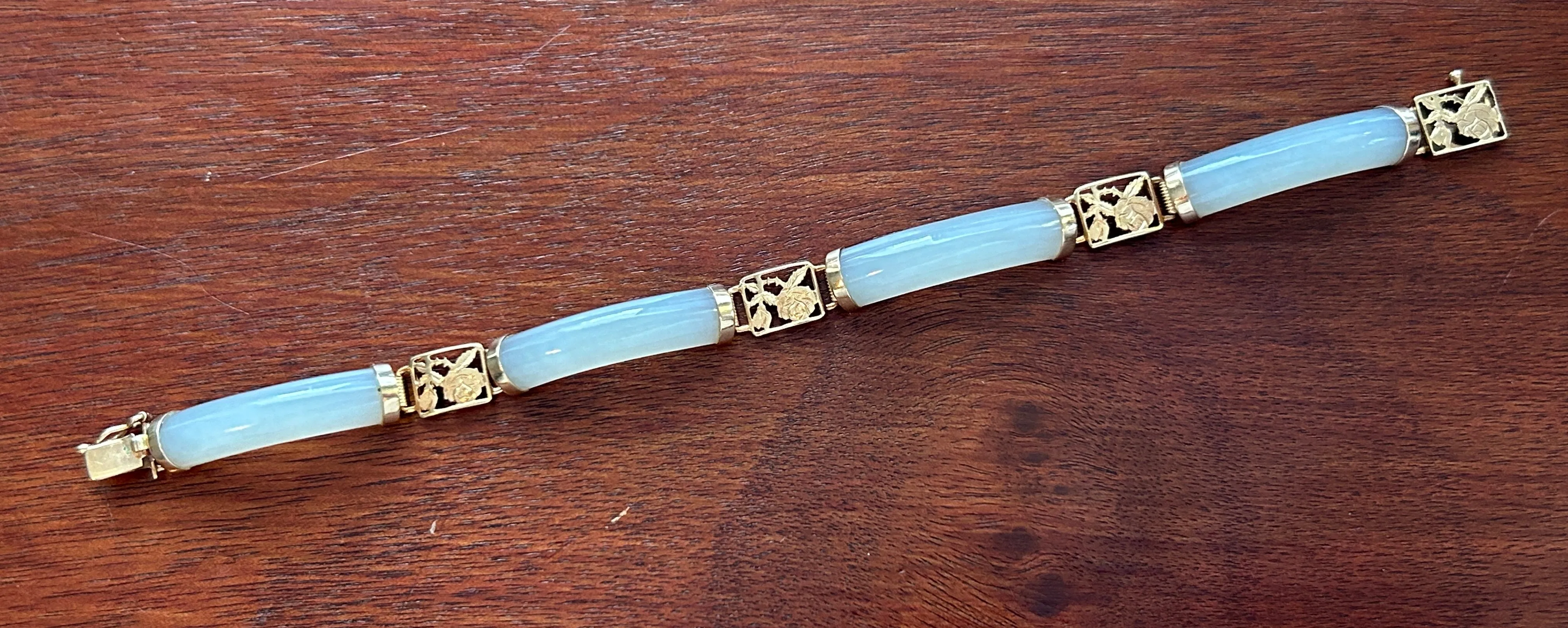 Vintage 14k Yellow Gold Jade Panel Bracelet Rose Design