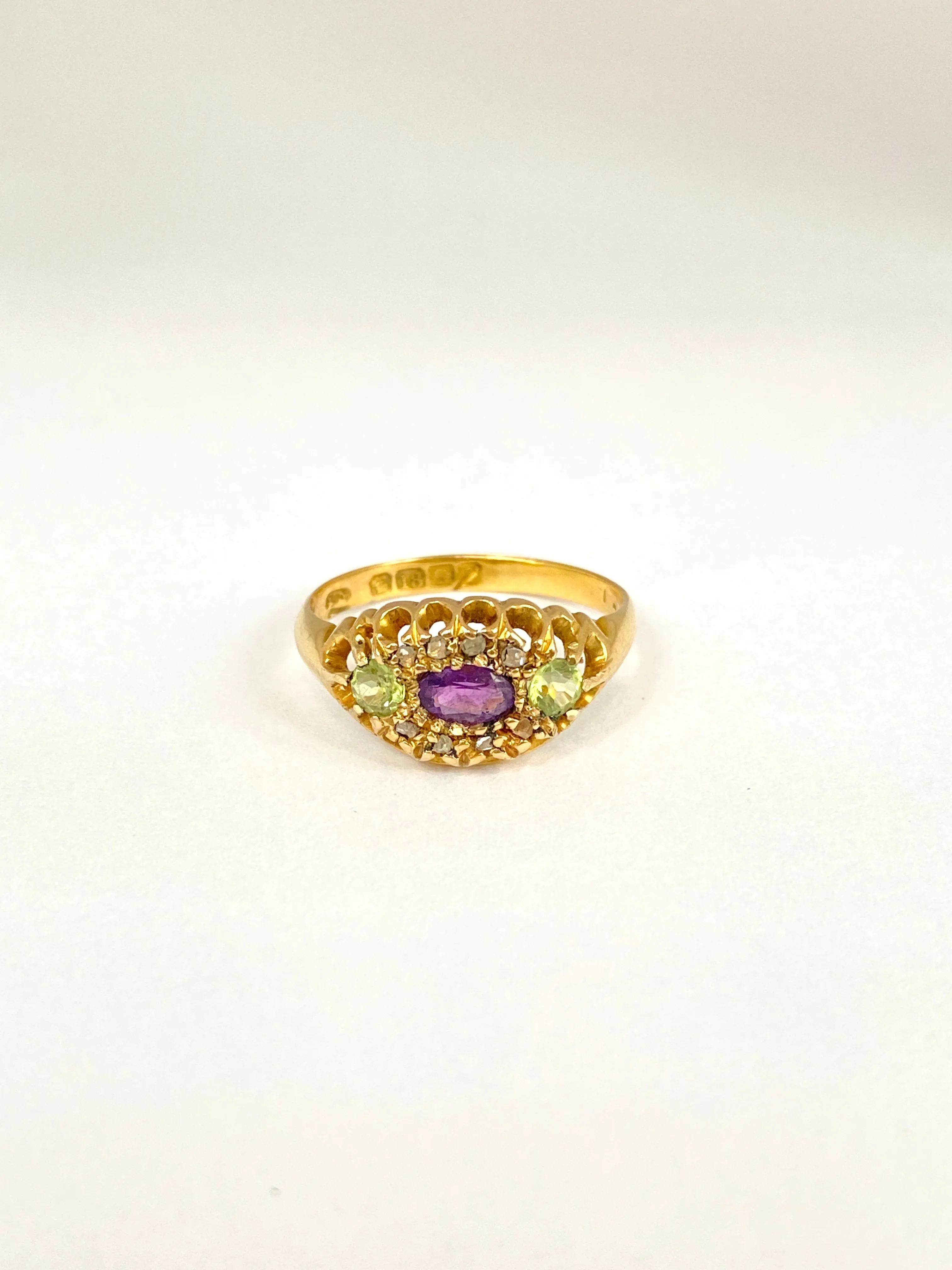 Vintage, 18ct Gold, Antique Amethyst, Peridot and Diamond Ring (Suffragette Colours)