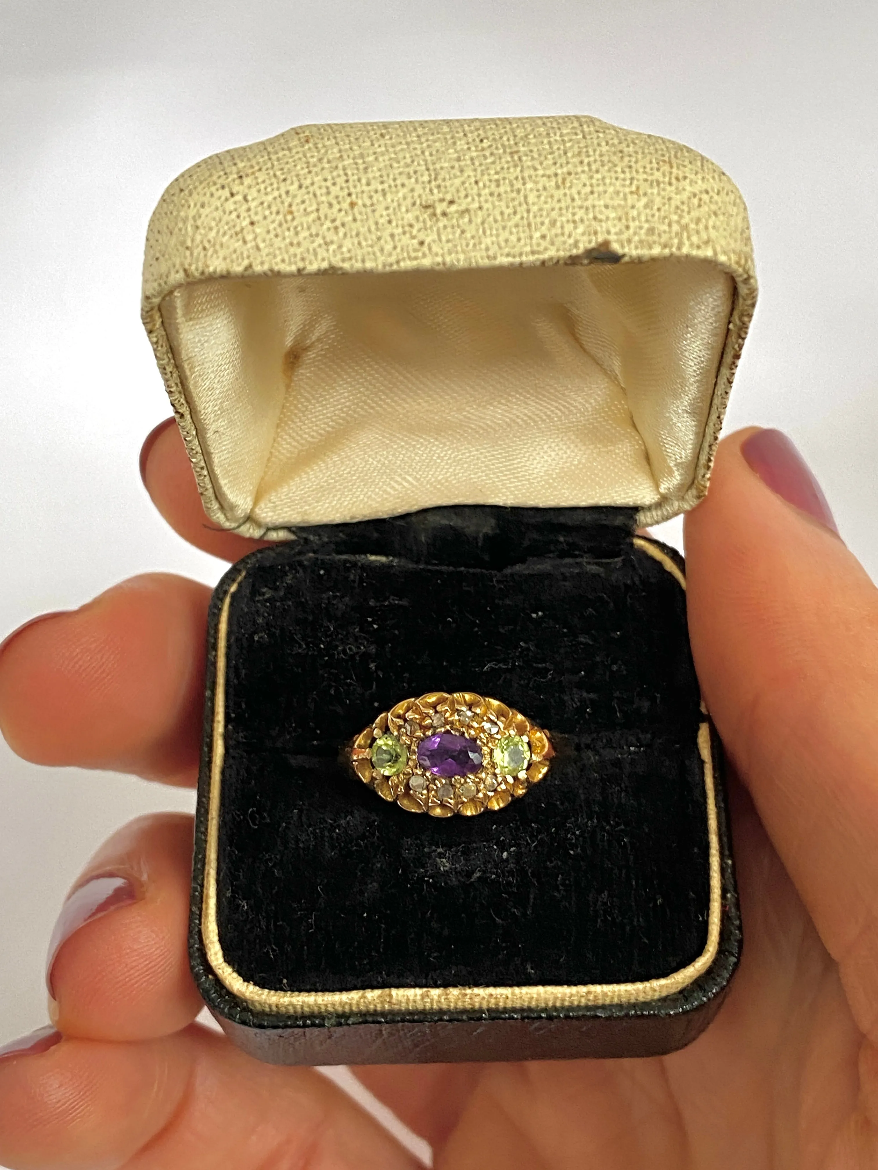 Vintage, 18ct Gold, Antique Amethyst, Peridot and Diamond Ring (Suffragette Colours)