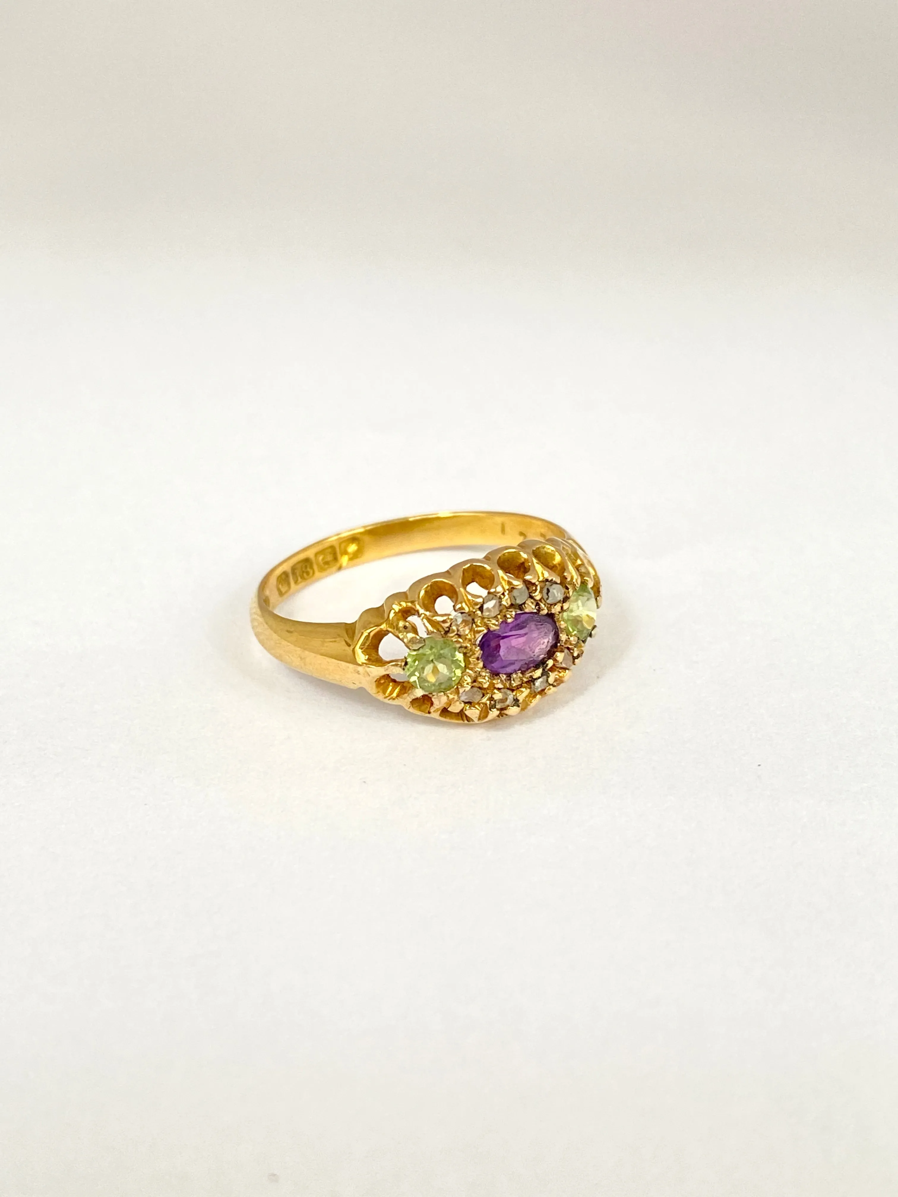 Vintage, 18ct Gold, Antique Amethyst, Peridot and Diamond Ring (Suffragette Colours)