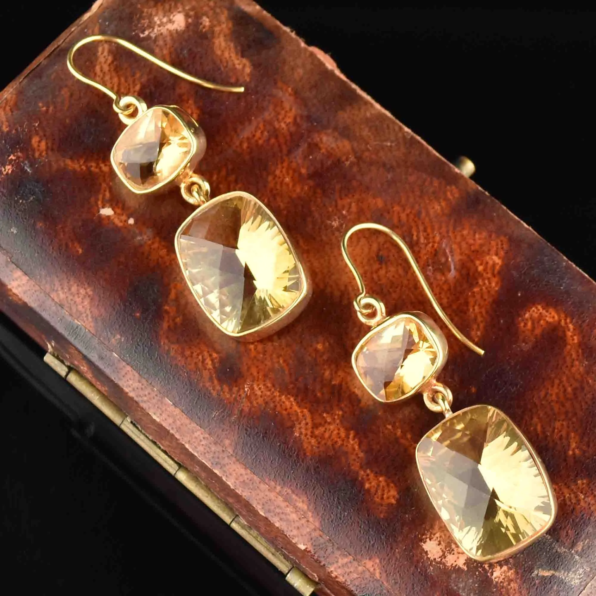 Vintage Art Deco Style Gold Citrine Drop Earrings