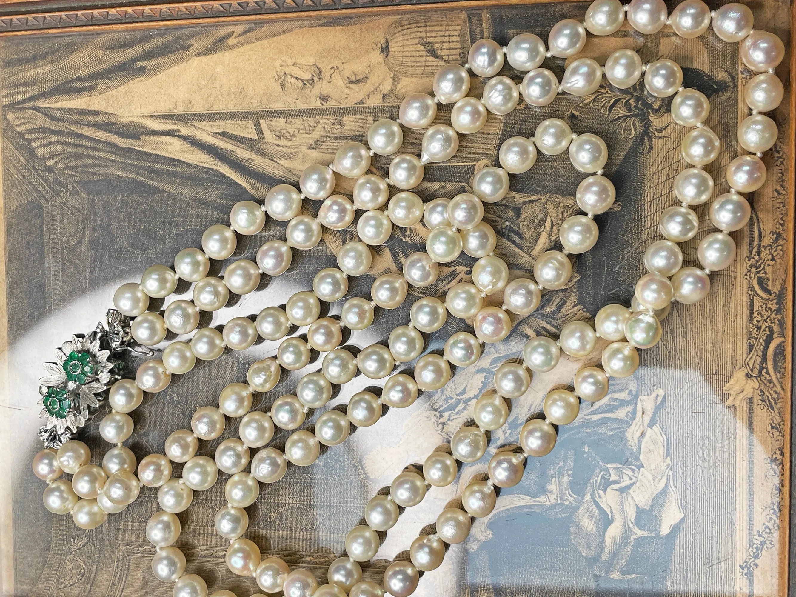 Vintage Double Strand 26" Cultured Japanese Pearl Emerald Clasp 18K WG Necklace